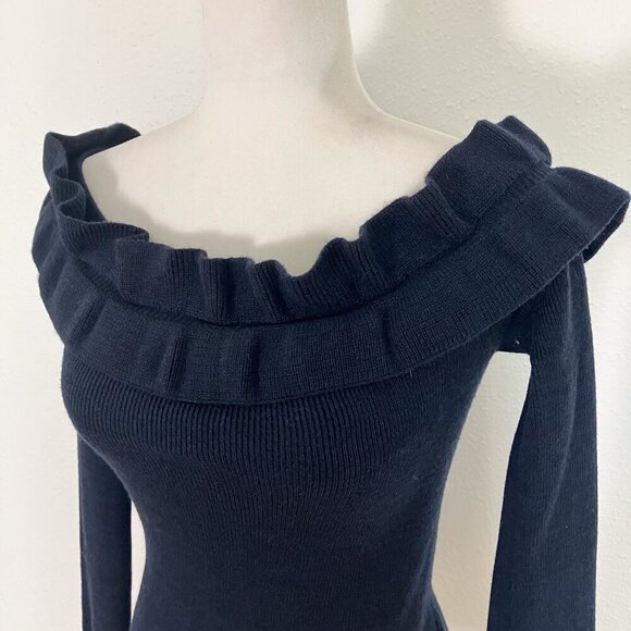 NWT White House Black Market Off the Shoulder Ruffle Navy blue Black sweater - Picture 3 of 12